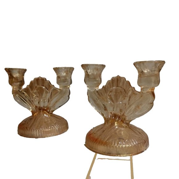 Vtg Depression Carnival Glass Iris Flowers Orange Marigold Candle Holders - Picture 3 of 11